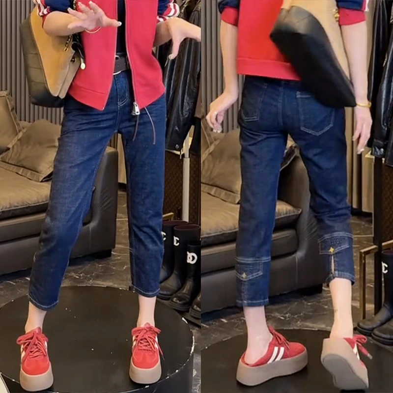 秋季新款大码直筒牛仔裤女弹力高腰小设计修身显瘦小个子烟管裤