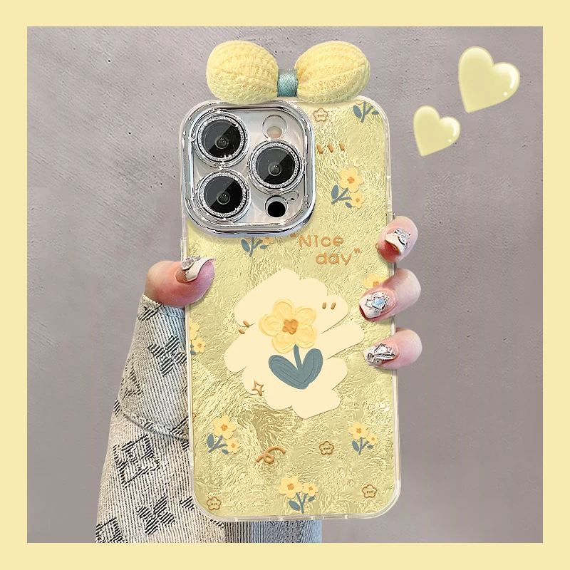 黄花蝴蝶结适用苹果16promax华为oppovivo小米精孔冰川纹手机壳