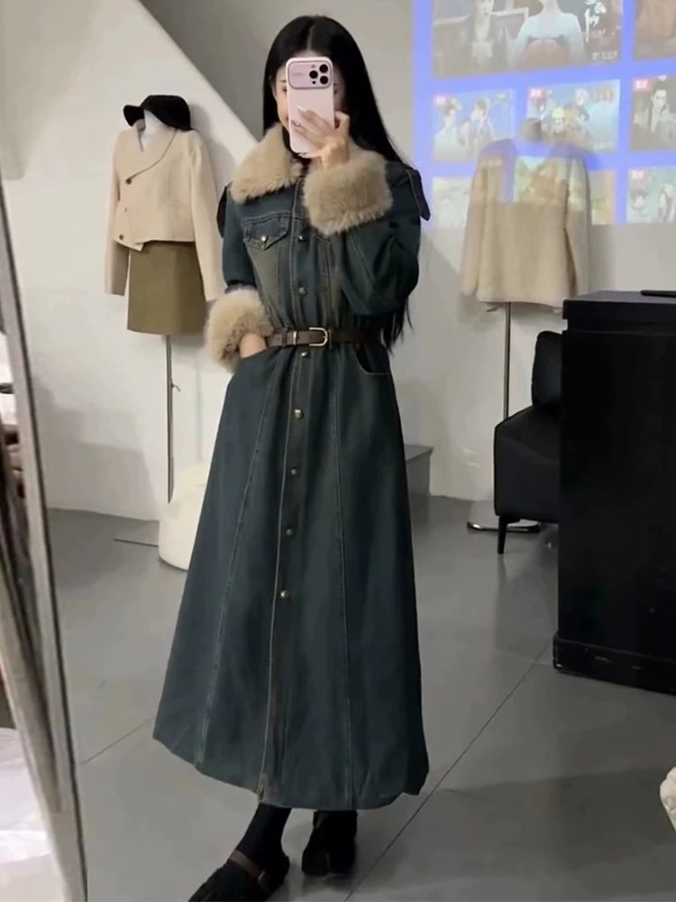 港风复古毛领牛仔连衣裙女秋冬新款收腰显瘦气质加绒加厚衬衫长裙