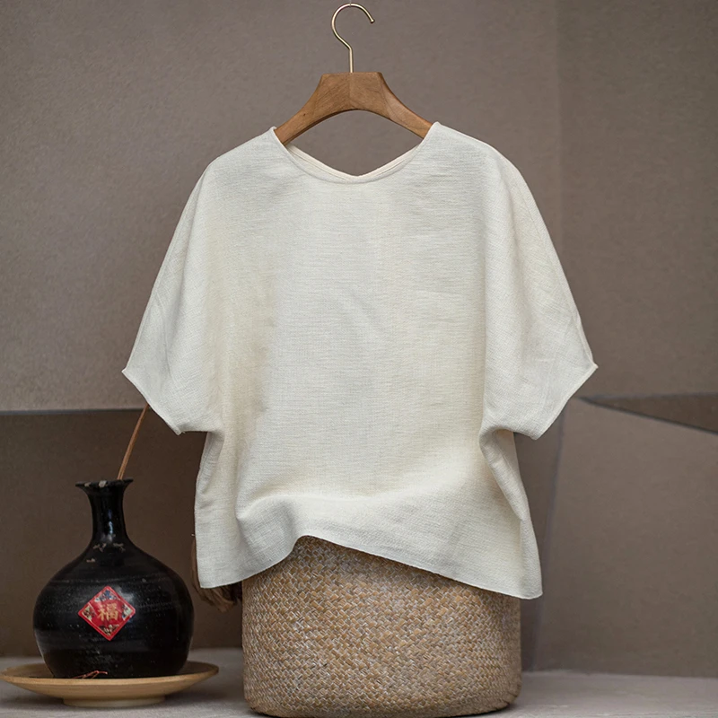 youyuansu/幽元素原创女装白色百搭夏季复古宽松文艺圆领上衣