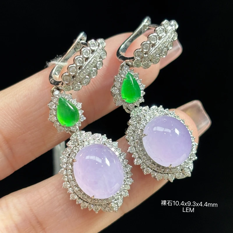 18K金镶嵌缅甸天然翡翠A货冰紫罗兰蛋面耳饰TSJ（下单咨询客服）