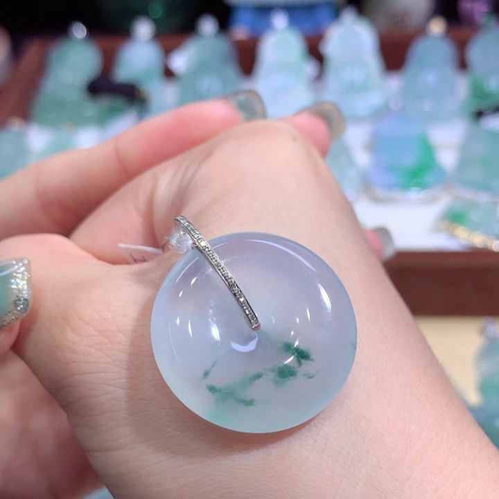 翡翠18K金镶嵌吊坠(不含链)天然缅甸A货翡翠揭阳工平安扣