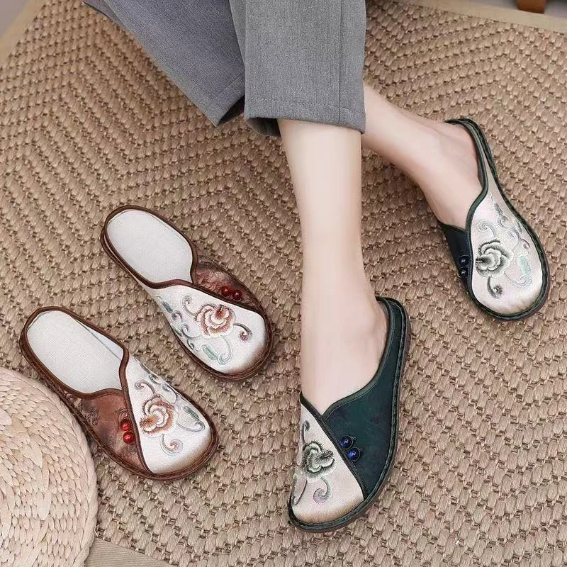 夏季新款绣花拖鞋包头外穿舒适平底民族风软底休闲百搭老北京布鞋