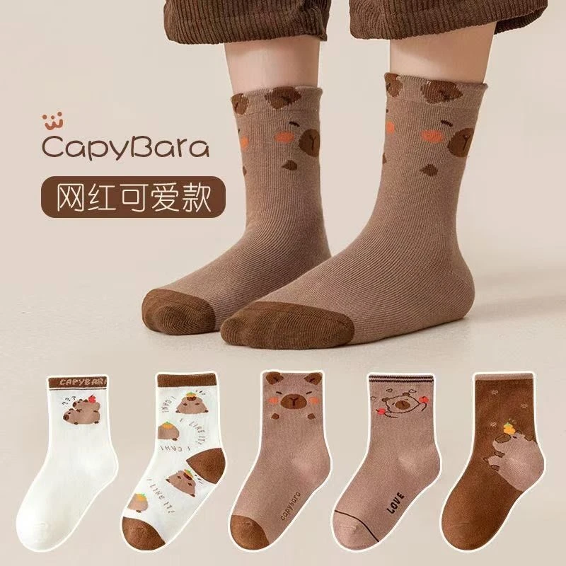 儿童袜子春秋冬款中筒袜卡皮巴拉卡通袜中大童宝宝男孩女孩学生袜