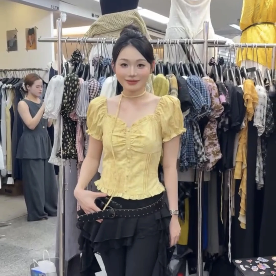 雯雯家 2025夏季新款DUCK原创晕染花边收腰显瘦雪纺上衣