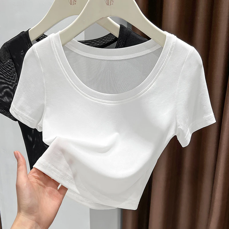 气质白色圆领短袖透视网纱T恤打底衫上衣女高腰纯欲2025新款上衣