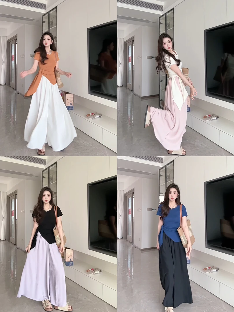 6653-夏日显瘦圆领侧绑带针织衫