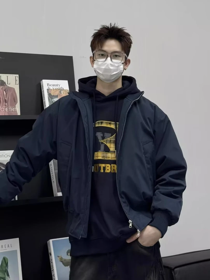 2潮牌冬季男生美式复古飞行员夹克棉服立领加服宽松百搭上衣棉袄