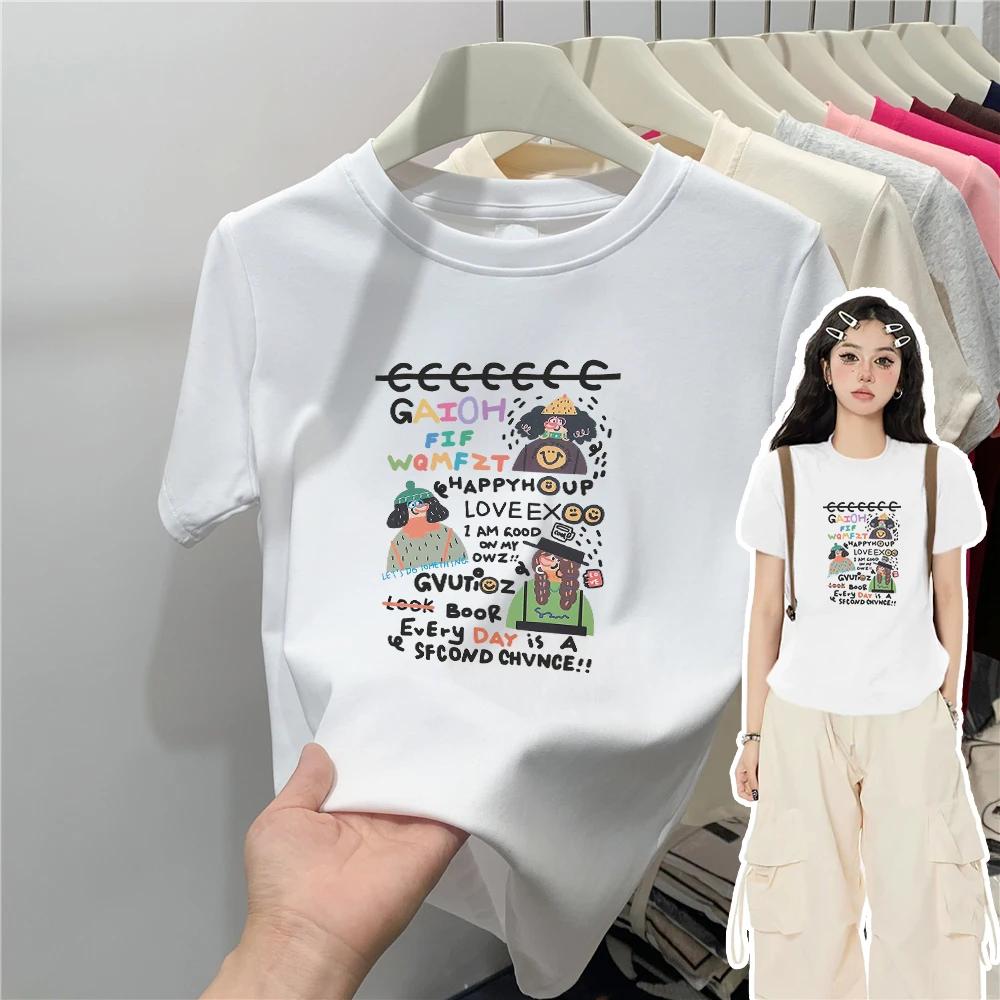 正肩显瘦显白短袖T恤女装设计感打底纯棉百搭卡通印花ins圆领上衣