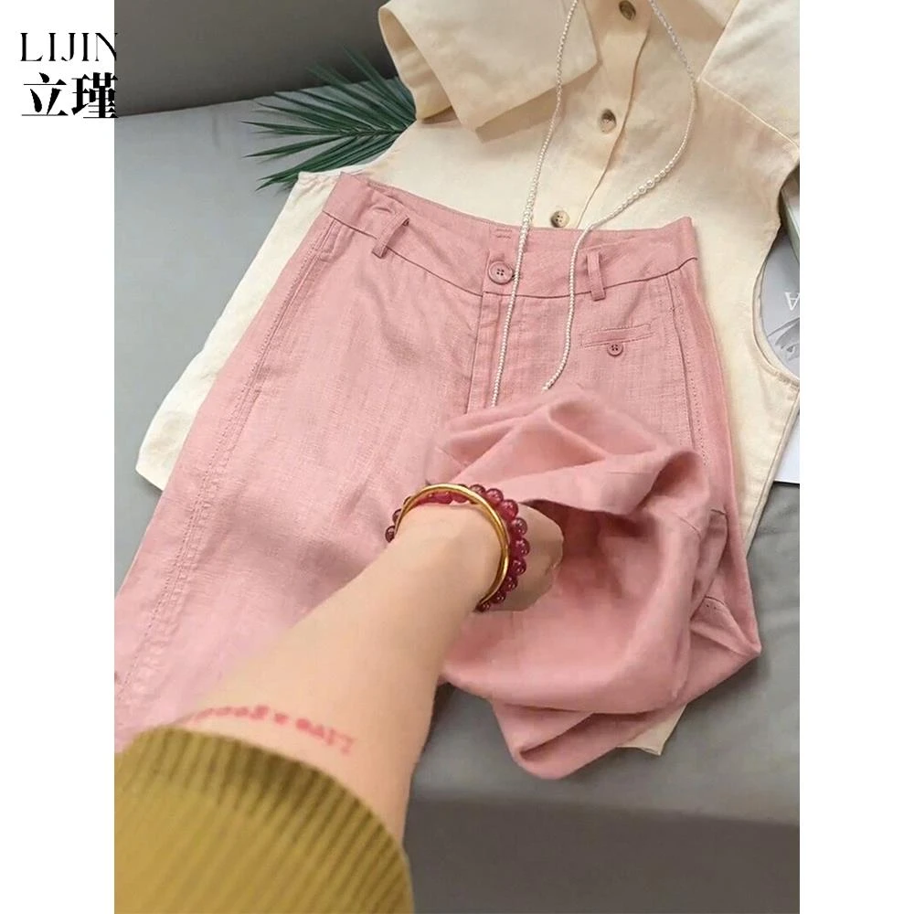 优雅亚麻直筒休闲裤女夏季新款宽松胖mm高腰显瘦凉感阔腿九分裤