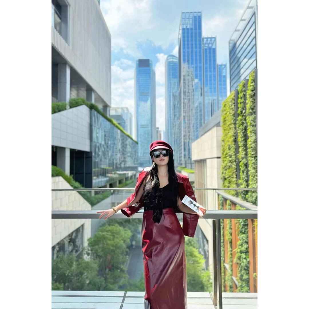 百丝/BAISI商场同步AAJE409311R0时尚百搭安可拉红PU皮衣风衣外套