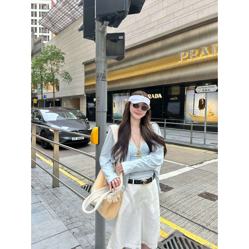 tingtings【温柔可视】夏季薄款长袖开衫上衣+蕾丝边吊带打底套装