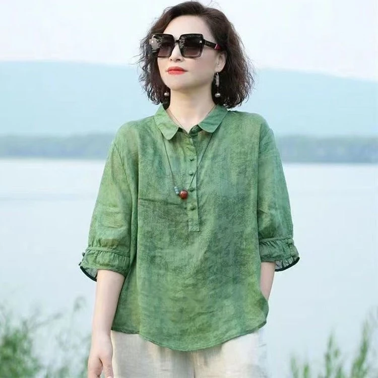 高档女装新款提花翻领衬衫洋气复古女士中袖衬衣显瘦遮肉薄款小衫