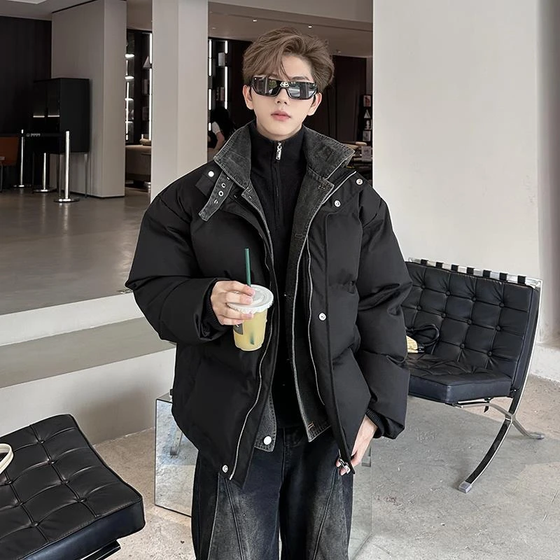 假两件牛仔拼接棉服男款冬季韩版面包服轻奢高级感立领棉衣外套男