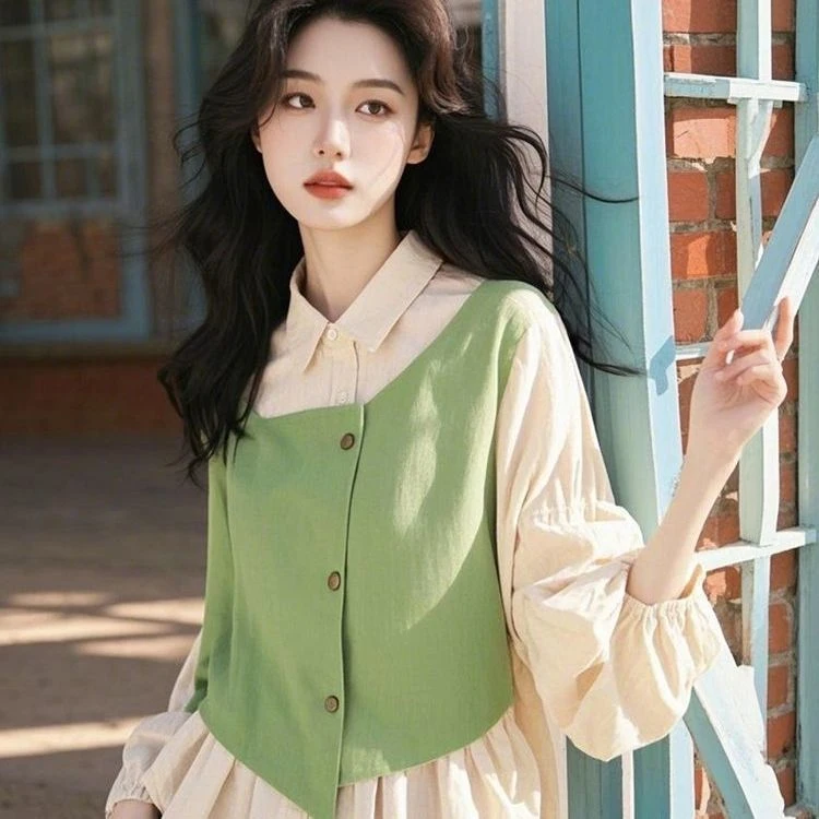泡泡袖法式落肩袖薄款拼接衬衫上衣夏季撞色时尚小众