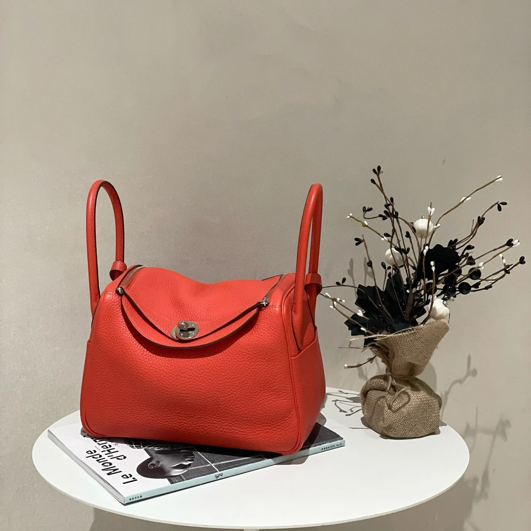 99新 Hermes/爱马仕 Lindy26 9t火焰橙 tc皮 银扣T刻