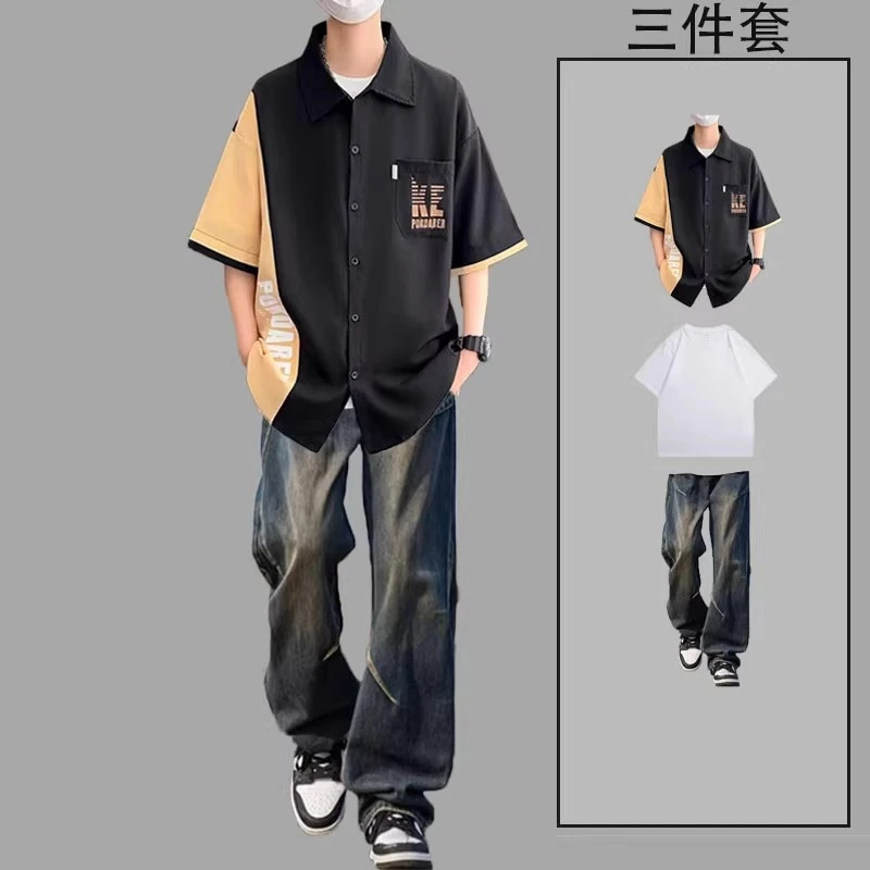 工装短袖衬衫男士夏季套装青少年潮流休闲衬衣痞帅男装搭配三件套