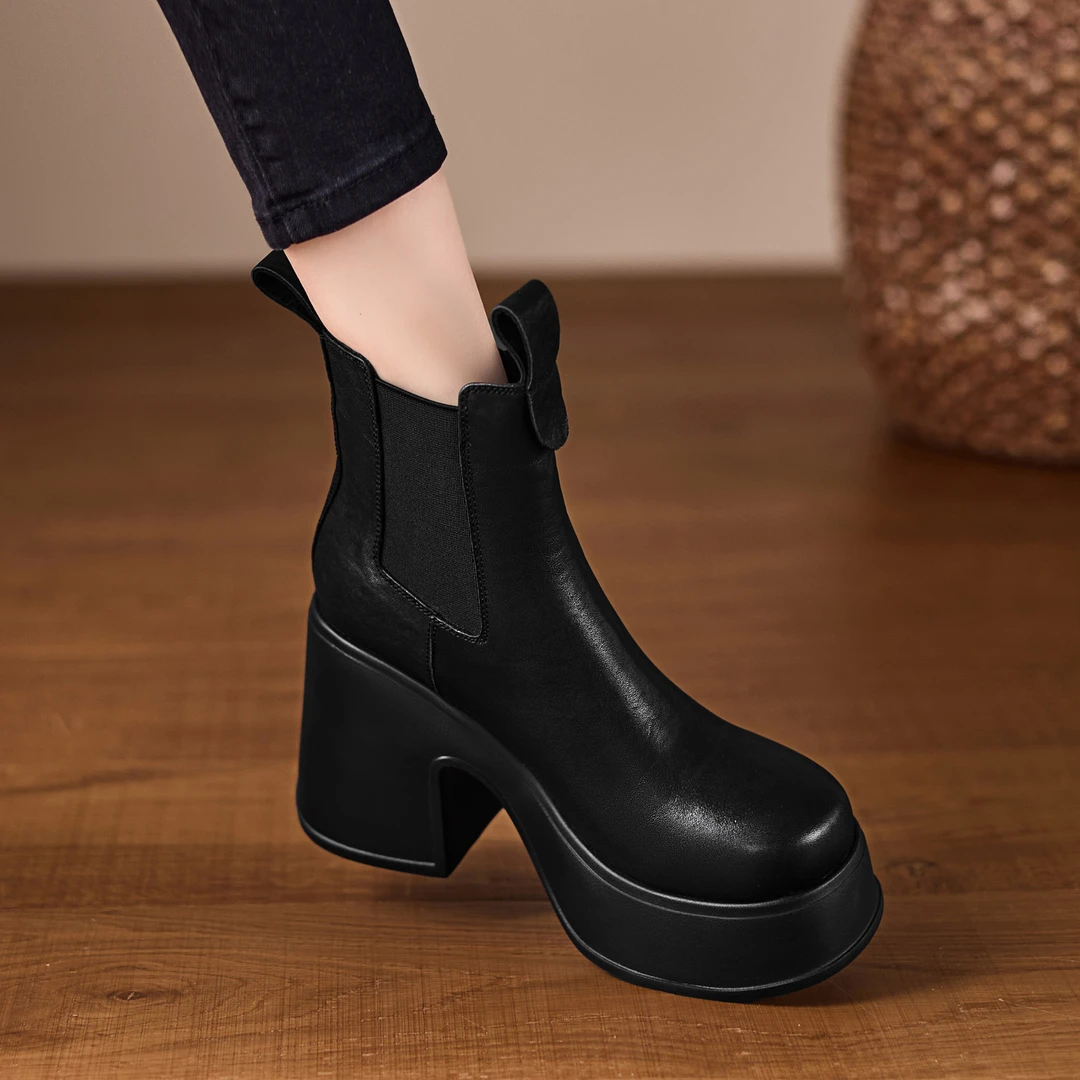 10cm小个子久穿不累脚厚底马丁靴真皮烟筒靴松紧口短筒单靴骑士靴