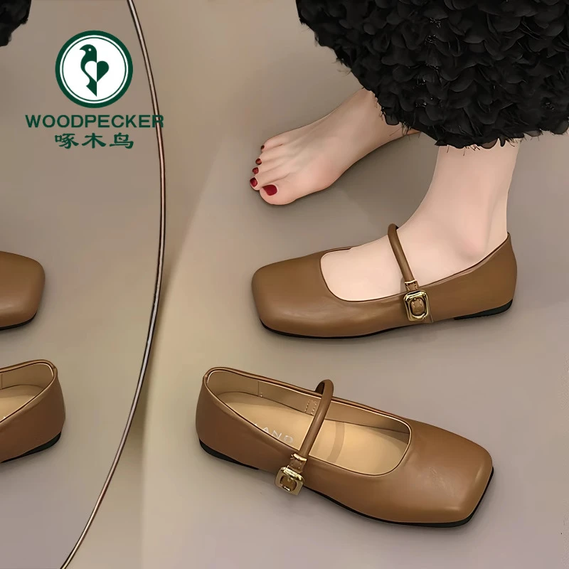 啄木鸟复古玛丽珍鞋女2025新款方头平底软皮豆豆鞋超软软底单鞋女