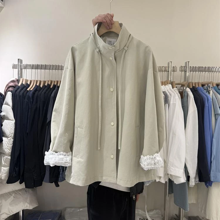 袖口蕾丝设计立领风衣女韩版宽松显瘦单排扣抽绳大衣潮