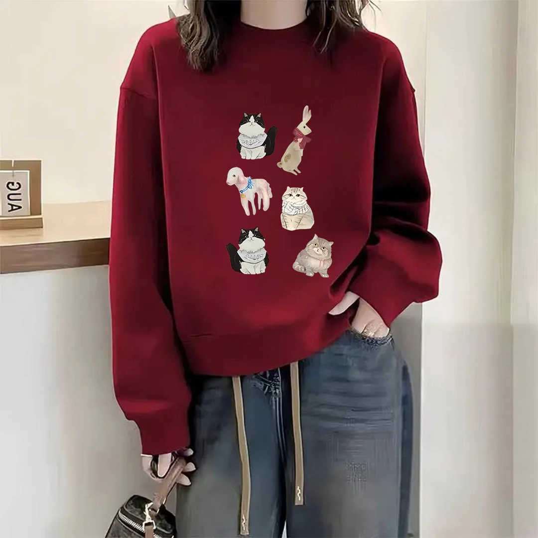 秋冬季新款大码宽松oversize圆领加绒加厚卫衣女休闲百搭外套上衣