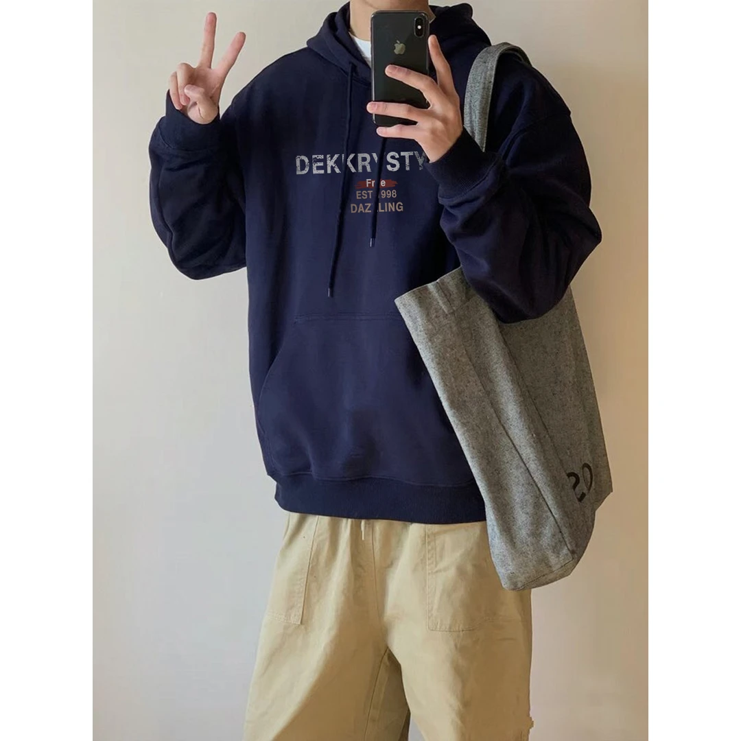 美式创意复古字母印花宽松连帽卫衣男女秋冬季藏青色休闲情侣上衣