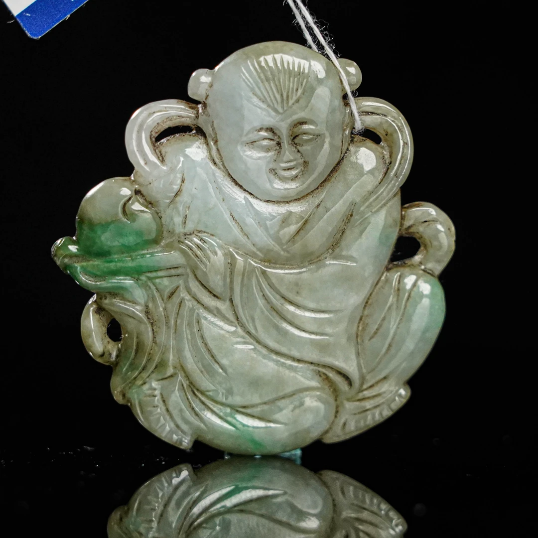 (AB3)8A012839清翡翠雕童子捧寿佩