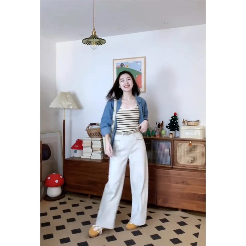 简约长袖衬衫上衣女条纹吊带内搭2025新款高腰直筒休闲长裤三件套