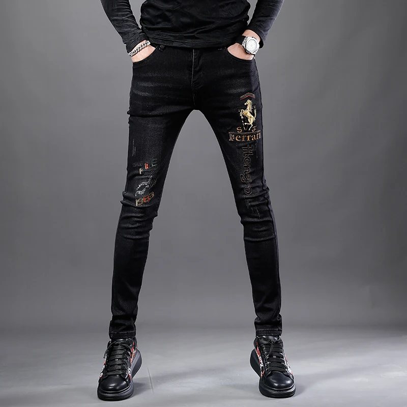 巴黎潮牌春秋新款刺绣牛仔裤男士修身小脚弹力秋冬加绒加厚休闲裤