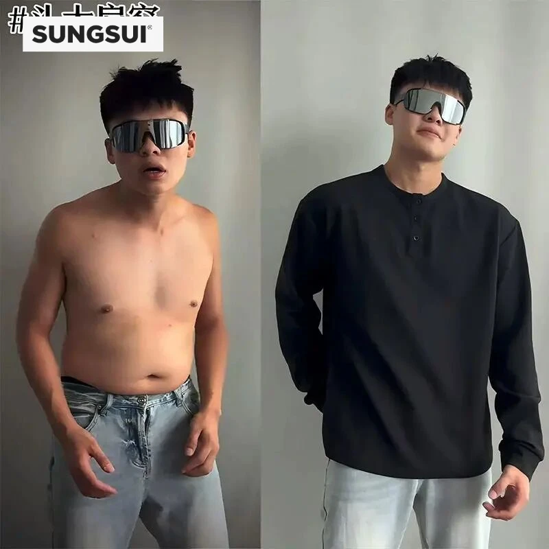 cleanfit黑色亨利领长袖T恤男款春季卫衣正肩美式复古内搭打底衫