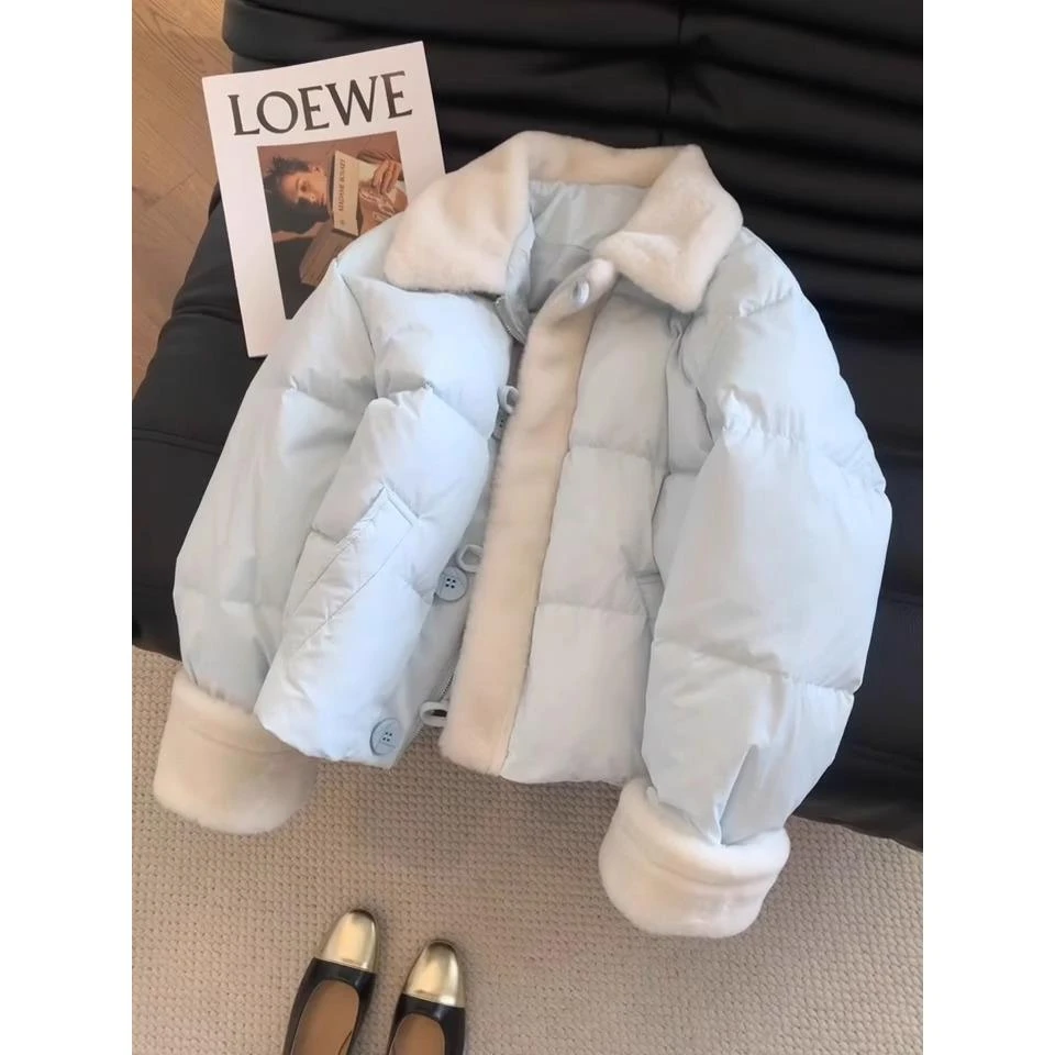 蓝色羊羔毛领拼接甜美减龄翻领服女冬季小个子短款保暖外套