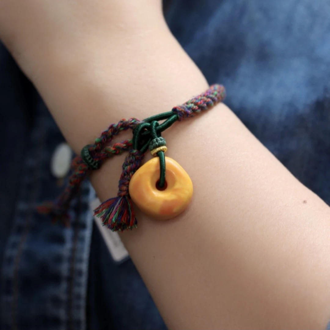 天然古董老蜜蜡西亚花蜡饼子钥匙孔藏式个性百搭复古编织手绳