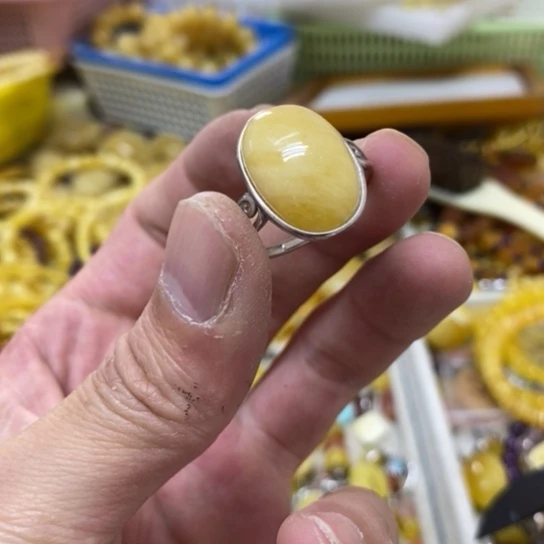 蜜蜡银S925镶嵌裸石戒指