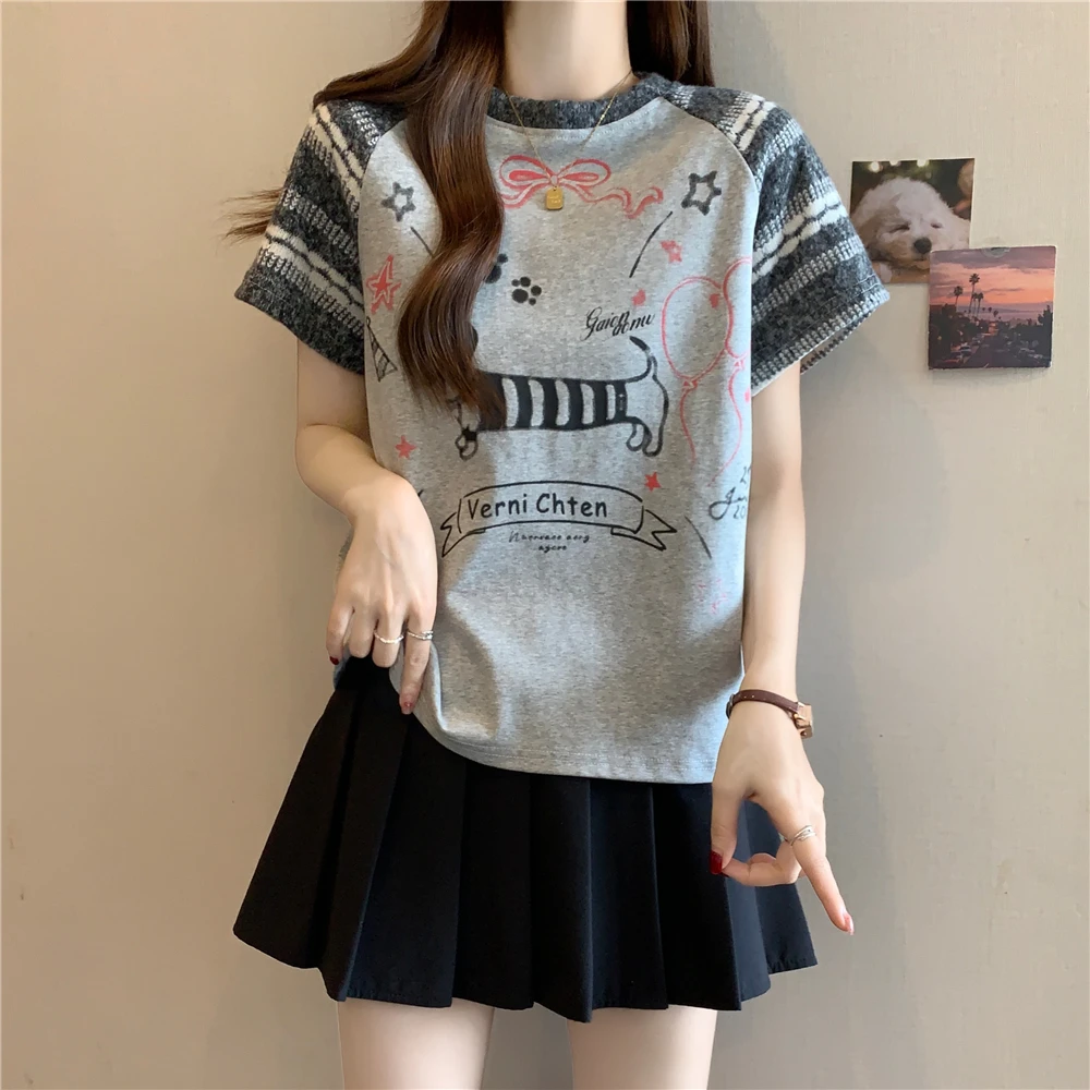 短袖t恤女2025夏季新款爆款插肩涂鸦洋气减龄显瘦遮肉上衣高级感