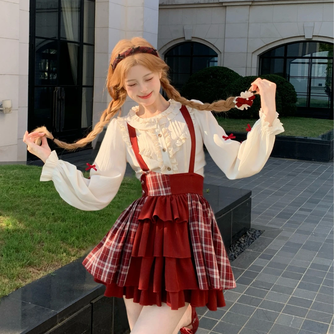 Blovelan果酱派对 甜美可爱花边领衬衫内搭+格子多层蓬蓬背带裙