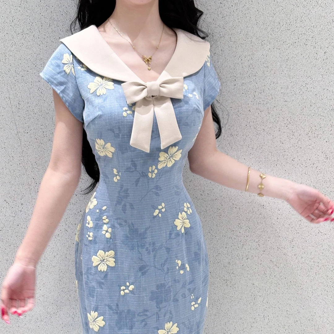 LHMknk1画报夫人原创自制学院风新中式国风蓝色旗袍 长款棉花糖