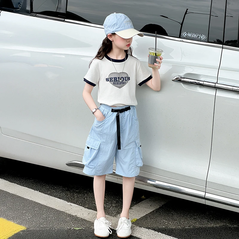 女童套装2025新款小女孩夏季洋气休闲短袖儿童夏装薄款工装五分裤