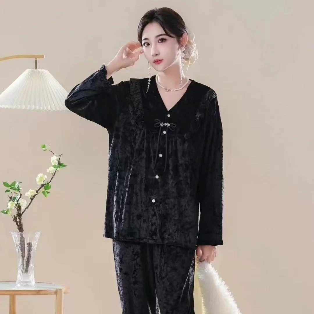 春秋款新款金丝绒加肥加大女士长袖奢华蕾丝蝴蝶烫钻家居服套装