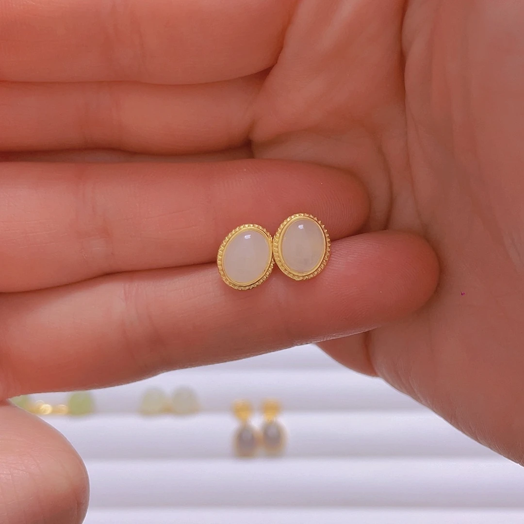 和田玉耳饰银S925镀金镶嵌