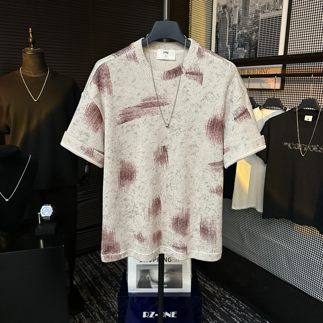 2025夏季新款重磅撞色扎染不规则爪痕图案设计冰感棉圆领短袖上衣