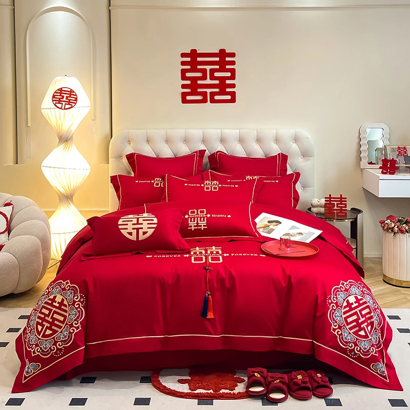 经典婚庆款红色大版花刺绣红双喜结婚四件套