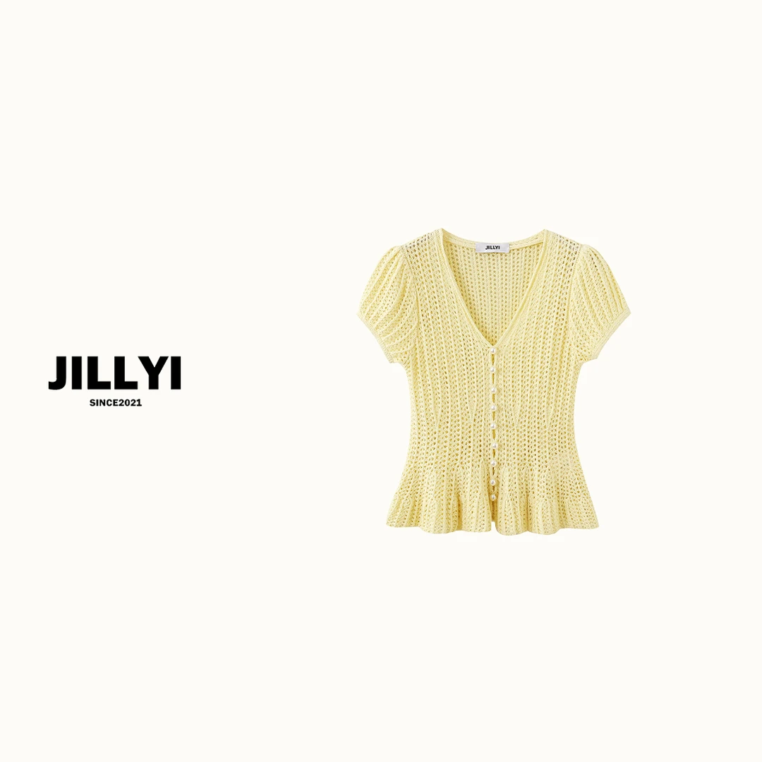 jillyi【金盏花园】黄色V领修身型镂空包袖百搭编织气质时尚针织衫