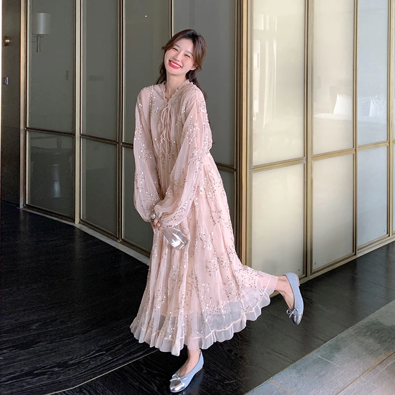 粉色法式女神范温柔风亮片连衣裙2025年春季新款浪漫超好看茶歇裙