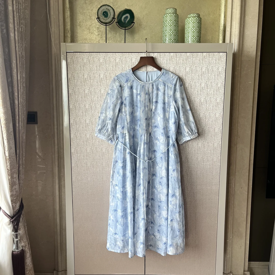 棉桑蚕丝粘纤连衣裙复古休闲时尚百搭气质显瘦圆领