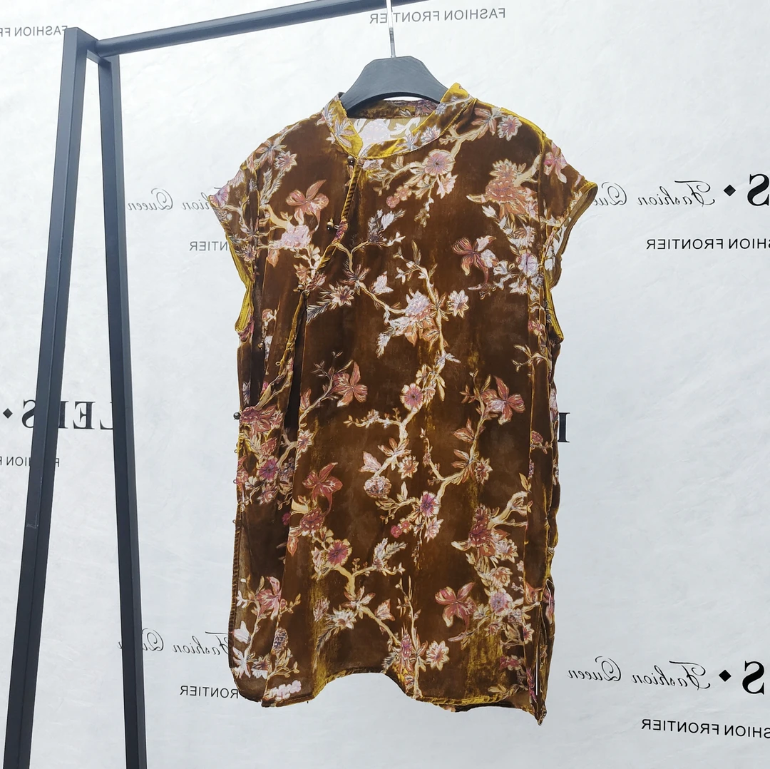 LEDS 5373-1夏季薄款斜襟常规烧花丝绒提花立领上衣