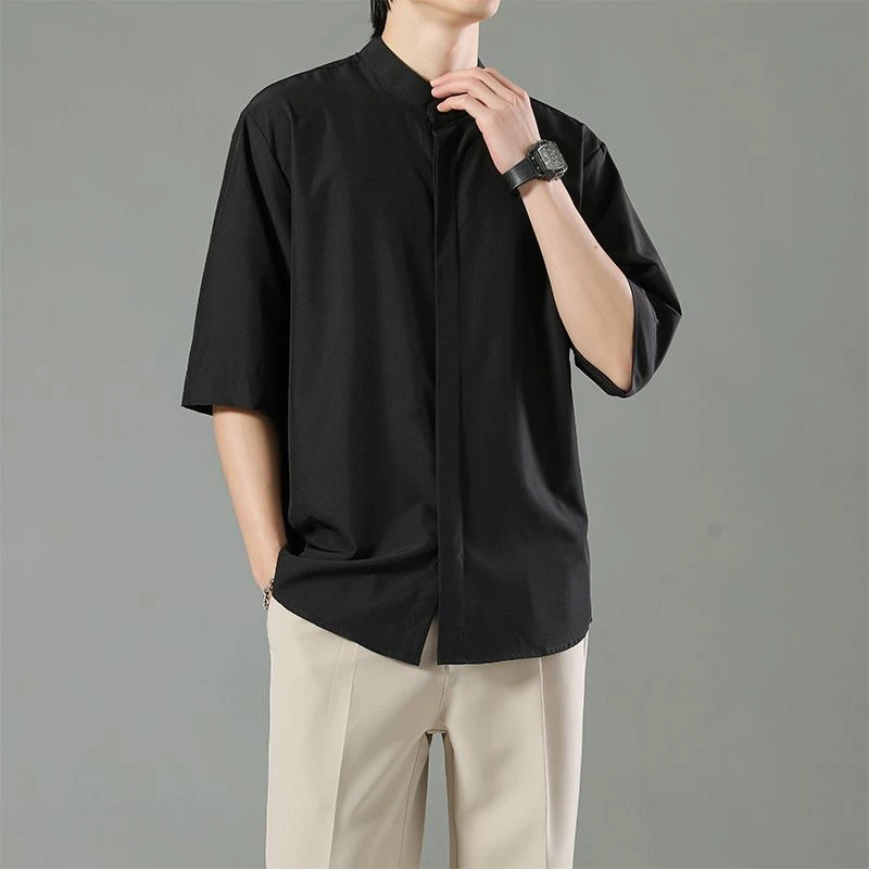 2025夏季薄款短袖黑色白色纯色衬衫衣男免烫宽松休闲痞帅气dk男生