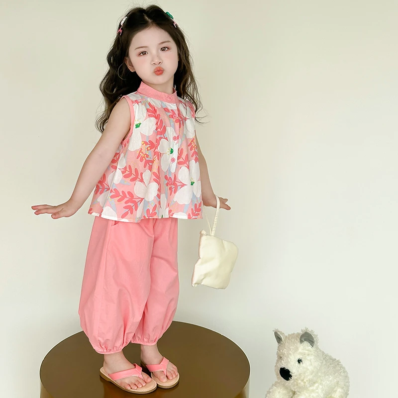 女童森系套装夏季花朵无袖套装2025新款女宝宝夏季套装洋气女套装