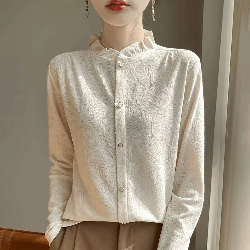 法式高级感~木耳蕾丝边领提花中国风显瘦针织打底衫女长袖百搭