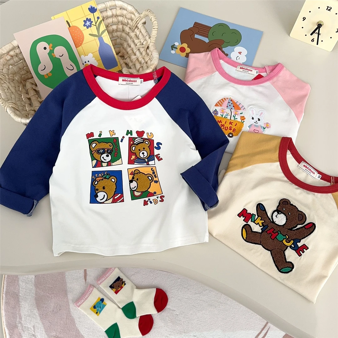 YYKIDS日系男女童装多T恤25春新款毛巾绣卡通玩具熊插肩长袖5070