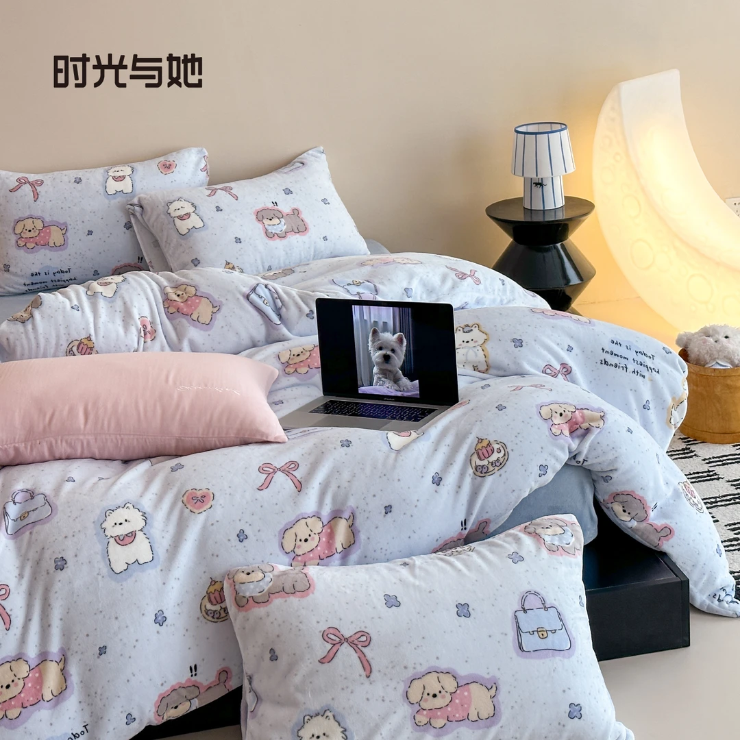 冬季加厚牛奶绒四件套双面绒印花被套珊瑚绒超柔软学生宿舍三件套